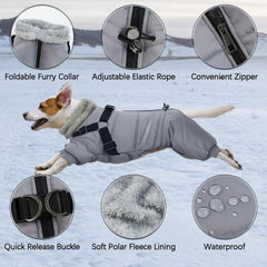 BRKURLEG grey dog winter coat side view demonstrates adjustable fit for small to medium dogs.