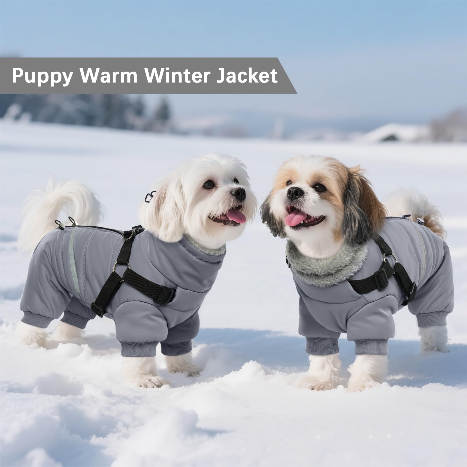 BRKURLEG grey dog winter coat water-resistant fabric protects from wind and rain.