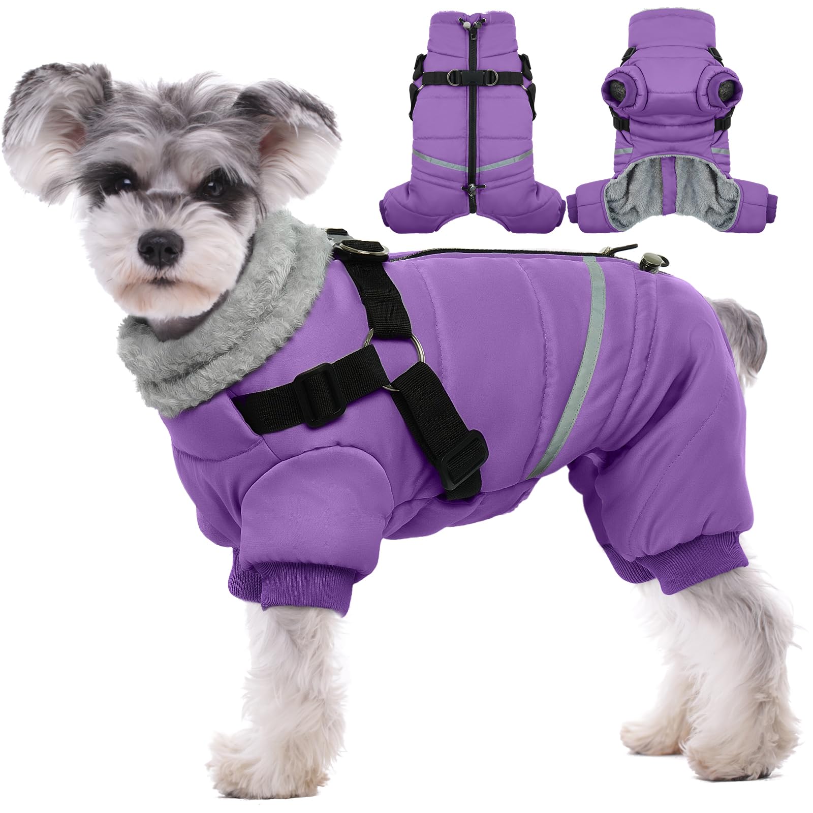BRKURLEG purple dog coat with harness integrated for quick, secure walks.