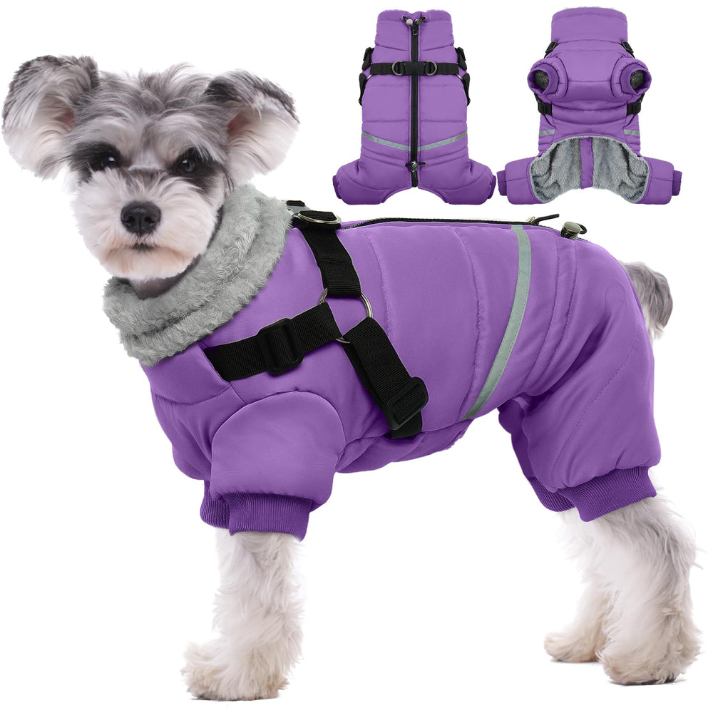 BRKURLEG purple dog coat with harness integrated for quick, secure walks.