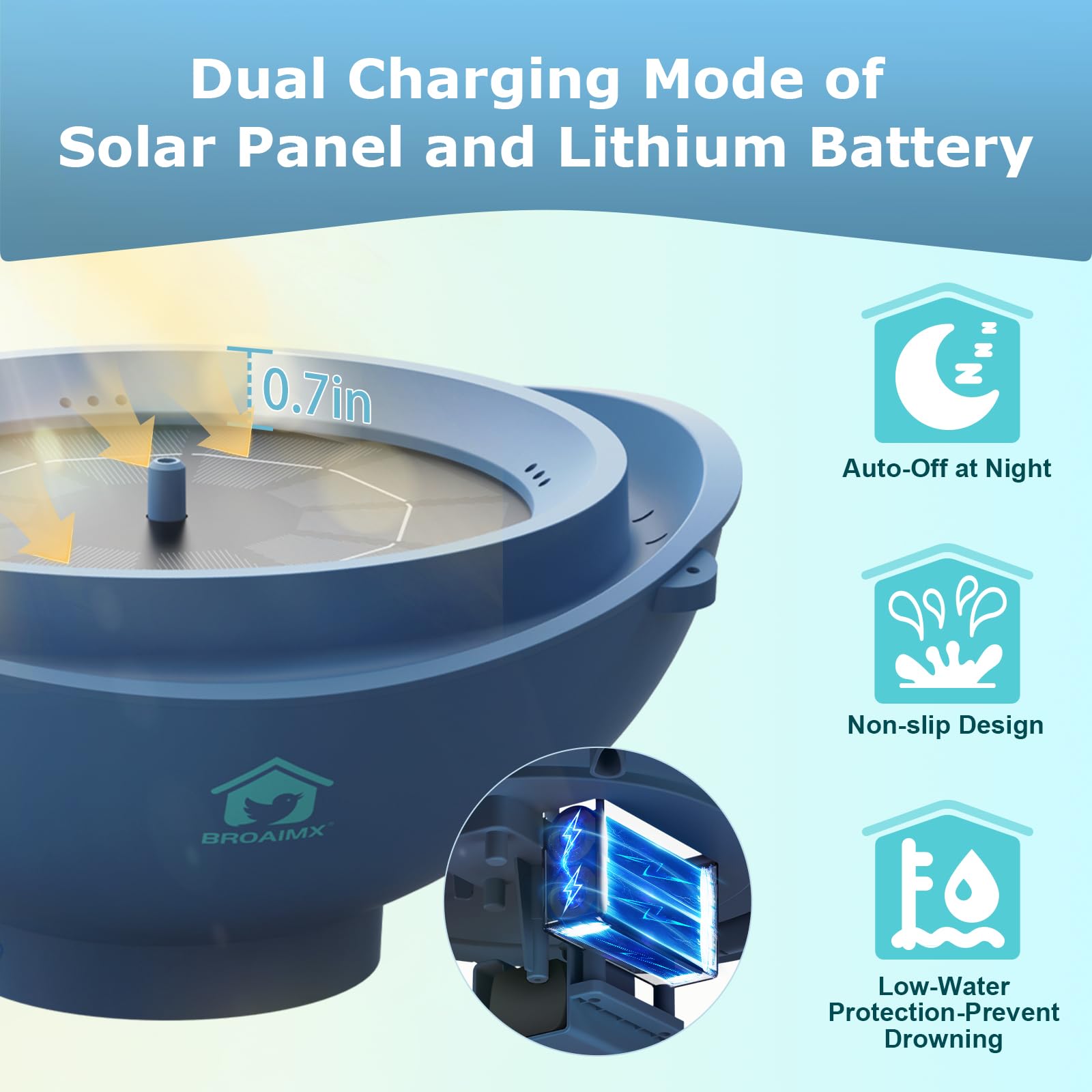 BROAIMX bird bath auto-low-water protection prevents overflow and protects the pump