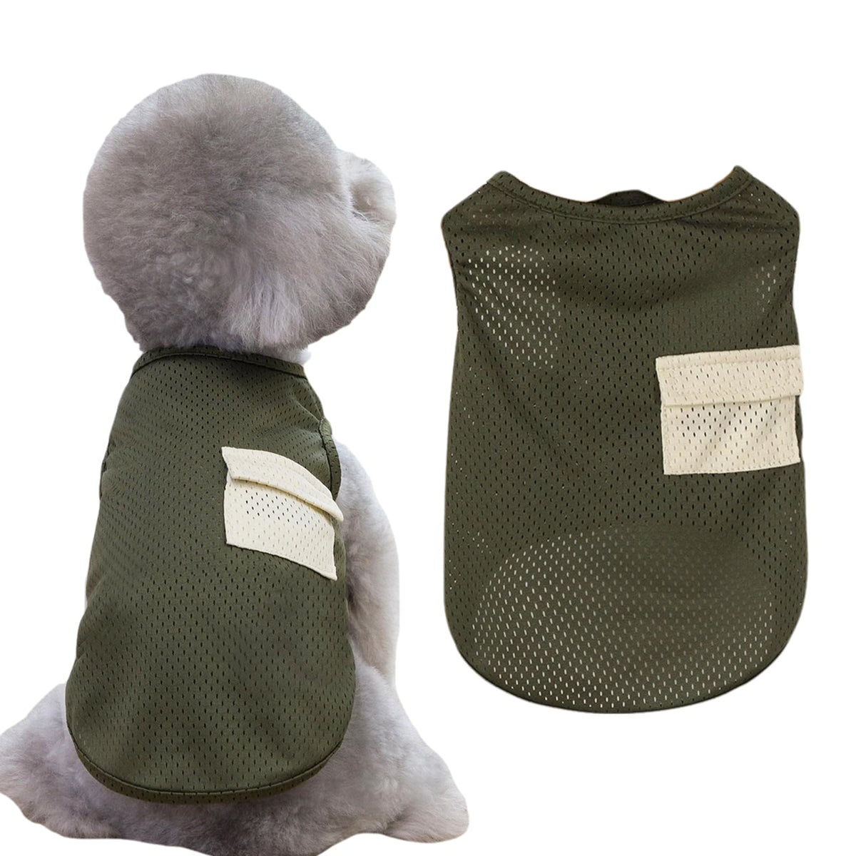 BROUAURPE Summer Mesh Shirt front view on dog in army green for breathable comfort