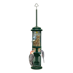 Brome Squirrel Buster feeder closeup showing feeding ports for birds and squirrel-proof design.