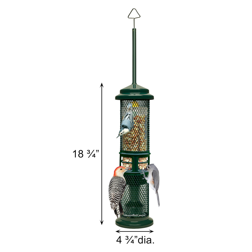 Brome Squirrel Buster feeder two-mesh design enables diverse treats for birds.