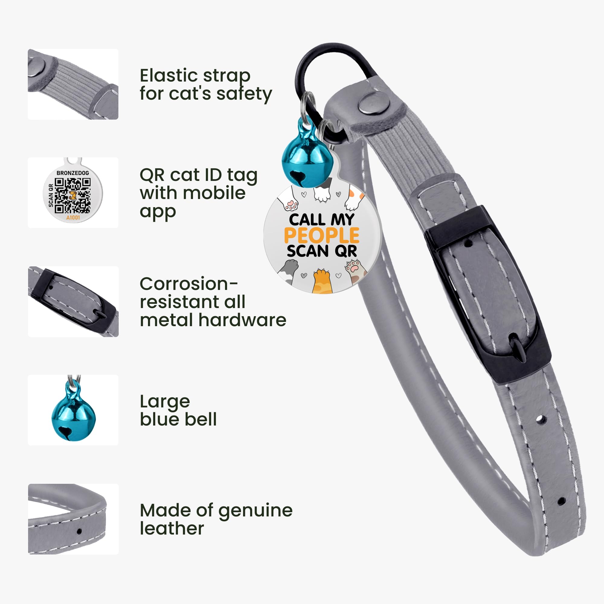 BRONZEDOG cat collar with bell and QR ID tag for quick identification.