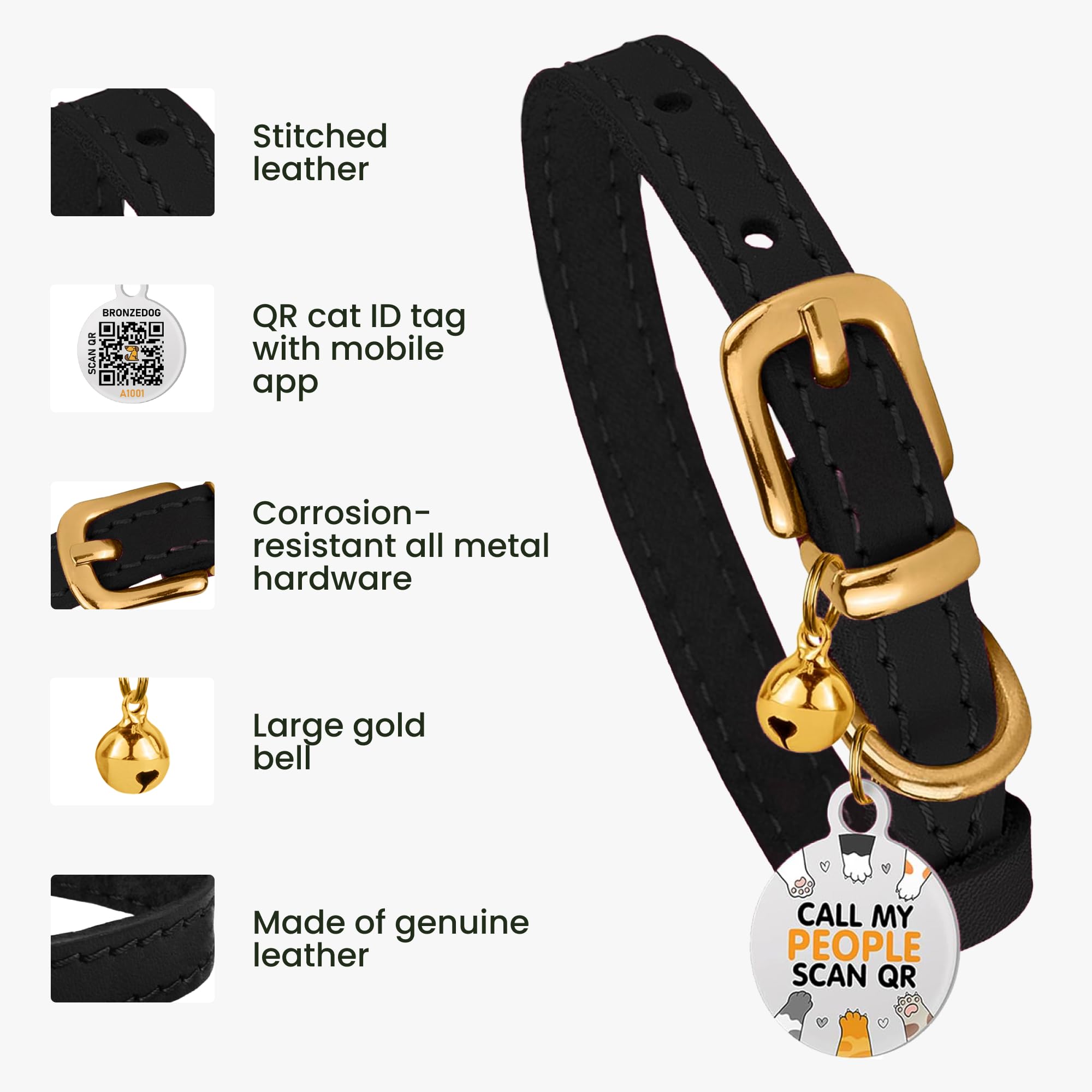 BRONZEDOG leather cat collar adjustable fit for growing cats and pets.