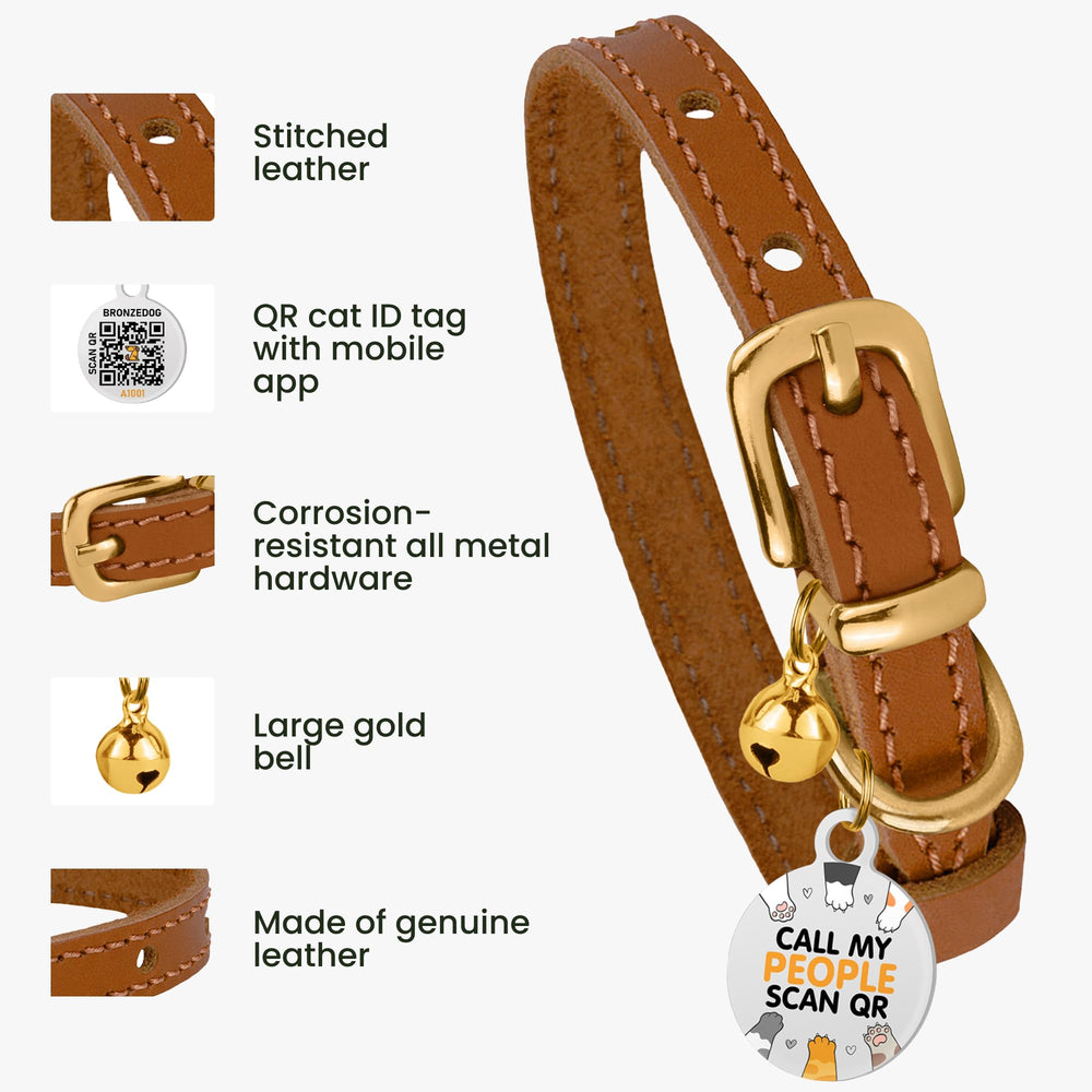 BRONZEDOG leather cat collar with bell on cat demonstrating secure fit and style
