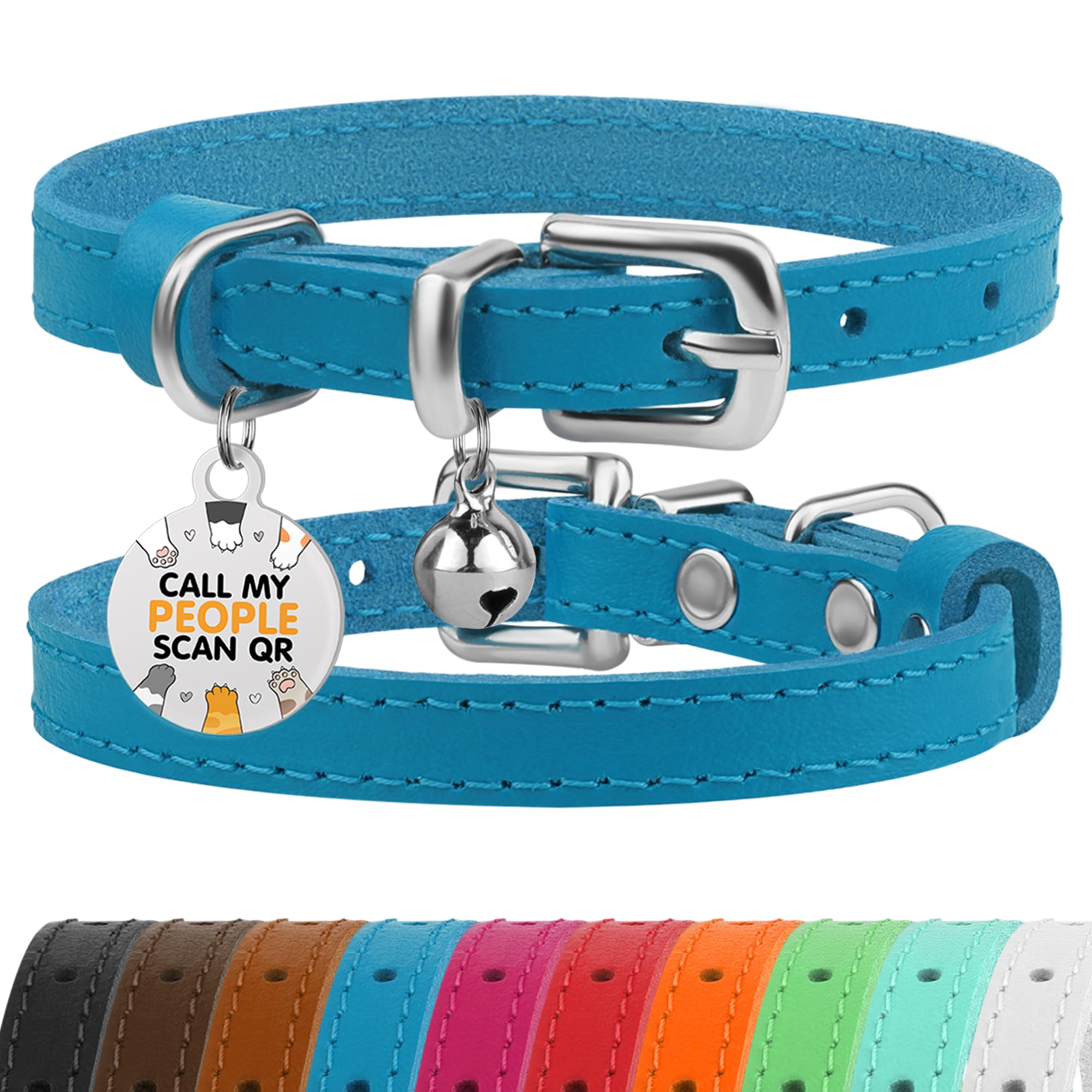 BRONZEDOG leather cat collar in blue-silver, durable everyday wear for cats