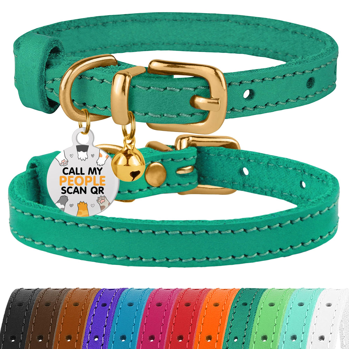 BRONZEDOG leather cat collar in green and gold for 9-12 inch necks, stylish and comfortable