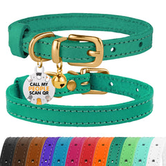 BRONZEDOG leather cat collar green-gold closeup with sturdy buckle for daily wear.