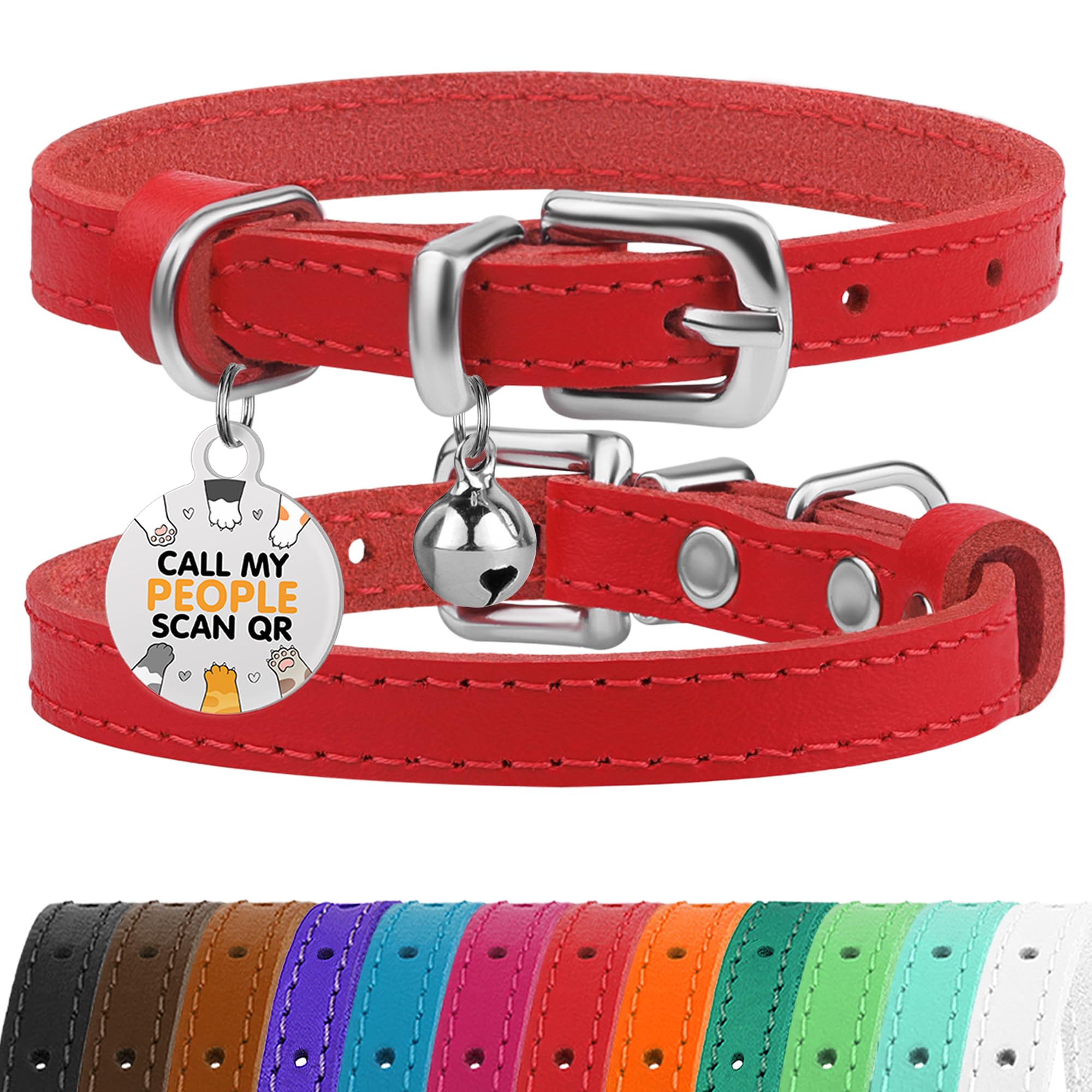 BRONZEDOG leather cat collar red and silver strap for daily wear.