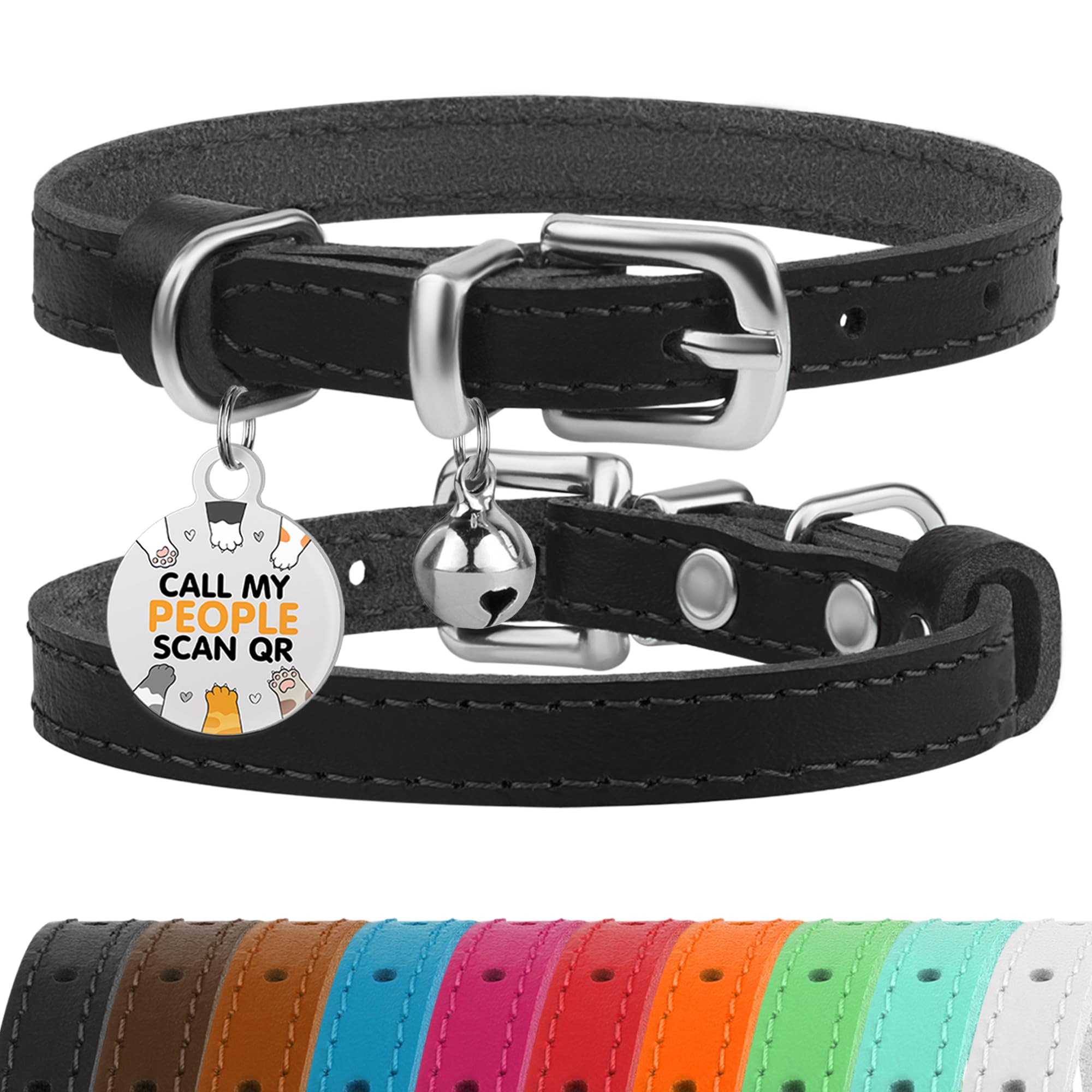 BRONZEDOG leather cat collar with removable bell close-up texture and hardware