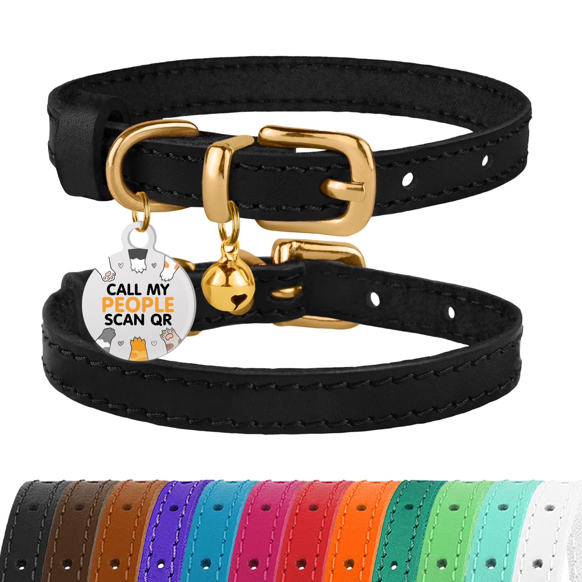 BRONZEDOG leather cat collar with removable bell shows classic style and safety.