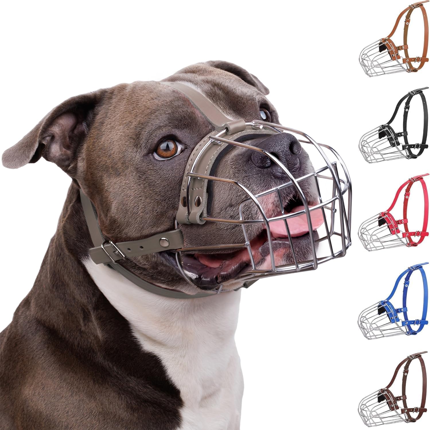 BRONZEDOG Pitbull muzzle metal basket gray closeup shows durable ventilation for outdoor use