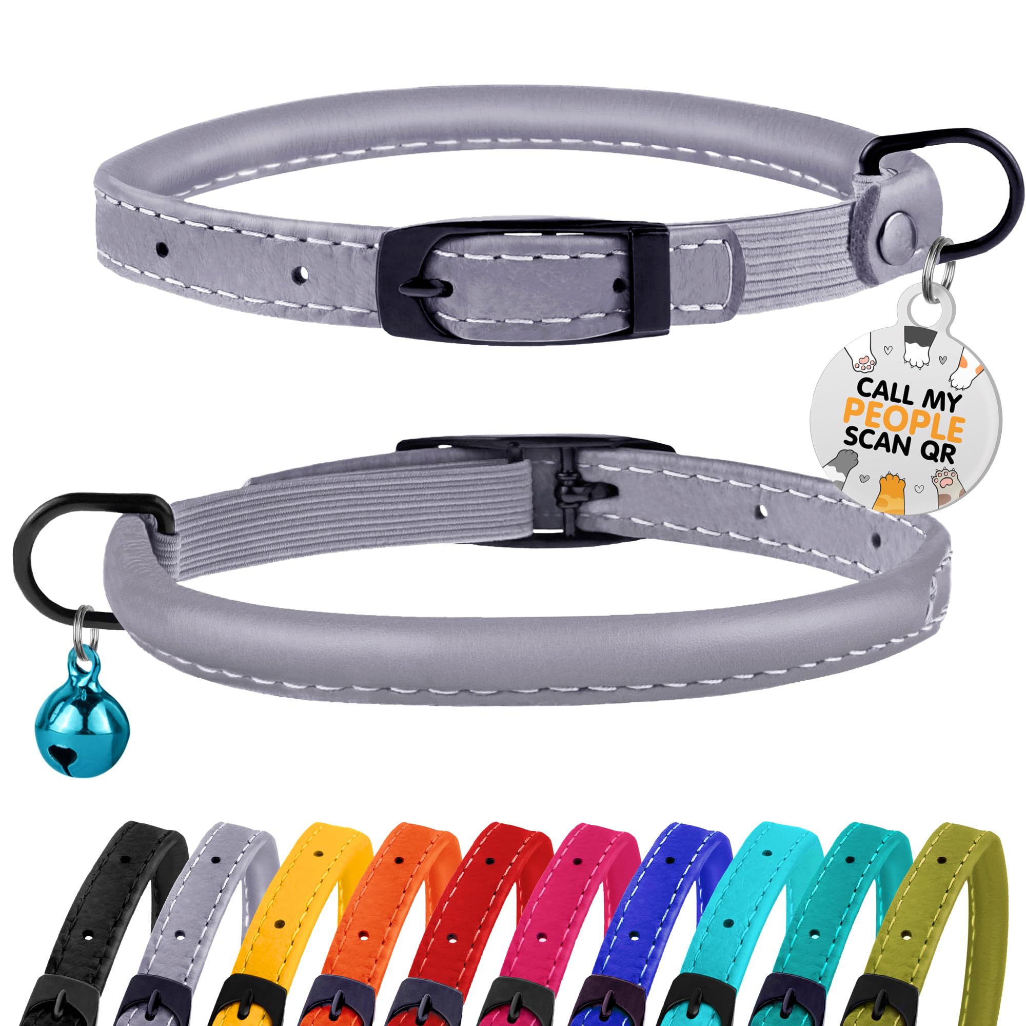 BRONZEDOG smoke grey cat collar, soft genuine leather for comfortable daily wear.