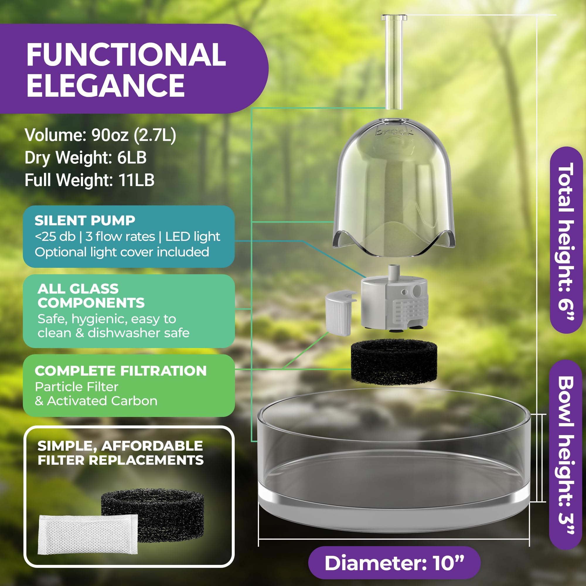 Brook Glass Pet Fountain LED light adds inviting drinking cue
