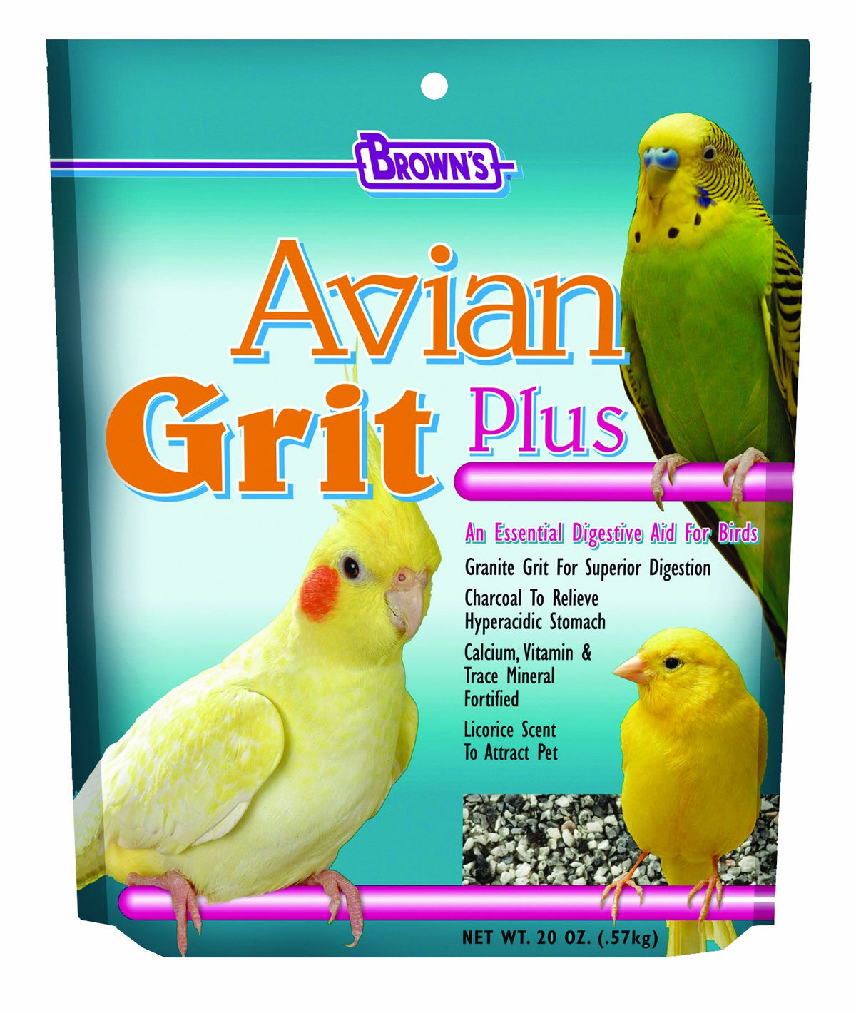 Brown's Avian Grit Plus bottle close-up for digestion support.