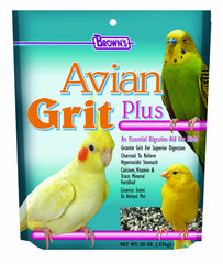 Brown's Avian Grit Plus bottle close-up for digestion support.
