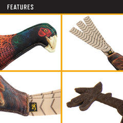 Browning Pheasant Chew Toy durable seams closeup emphasizes reinforced stitching for longevity.