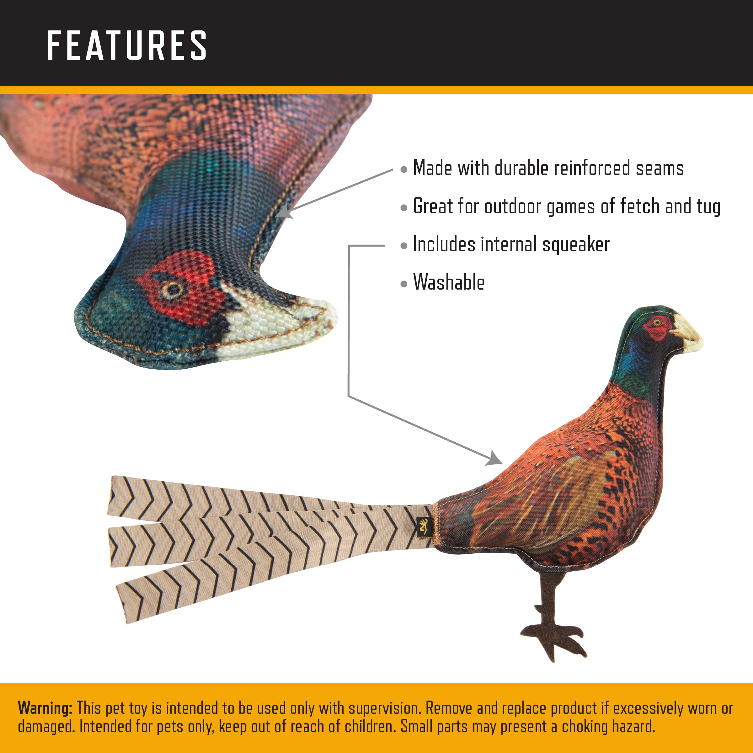 Browning Pheasant Chew Toy squeaker closeup highlights built-in squeaker for extra play.