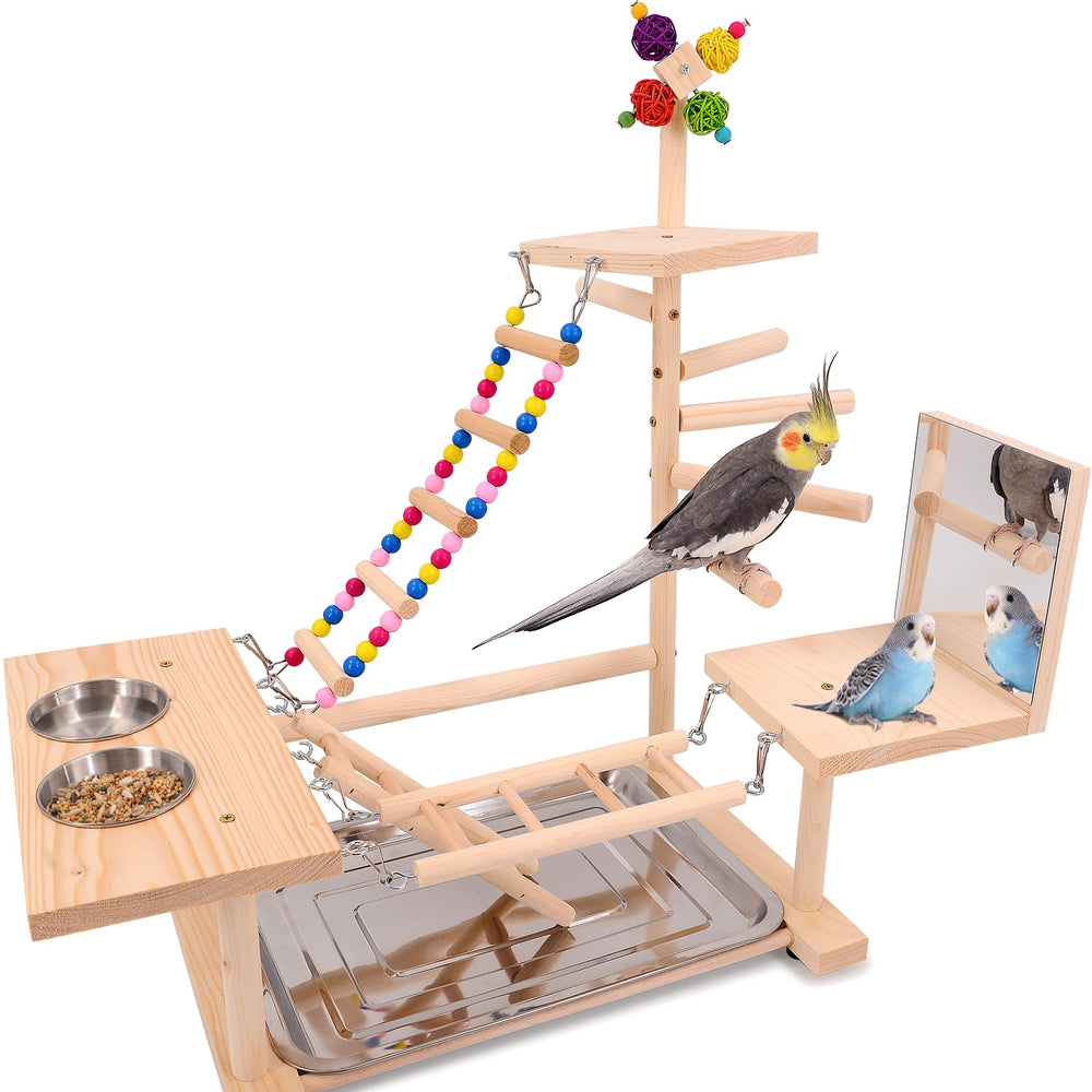 BRSLAIF wooden bird playground assembly showcases sturdy design for safe parrot play and exploration.