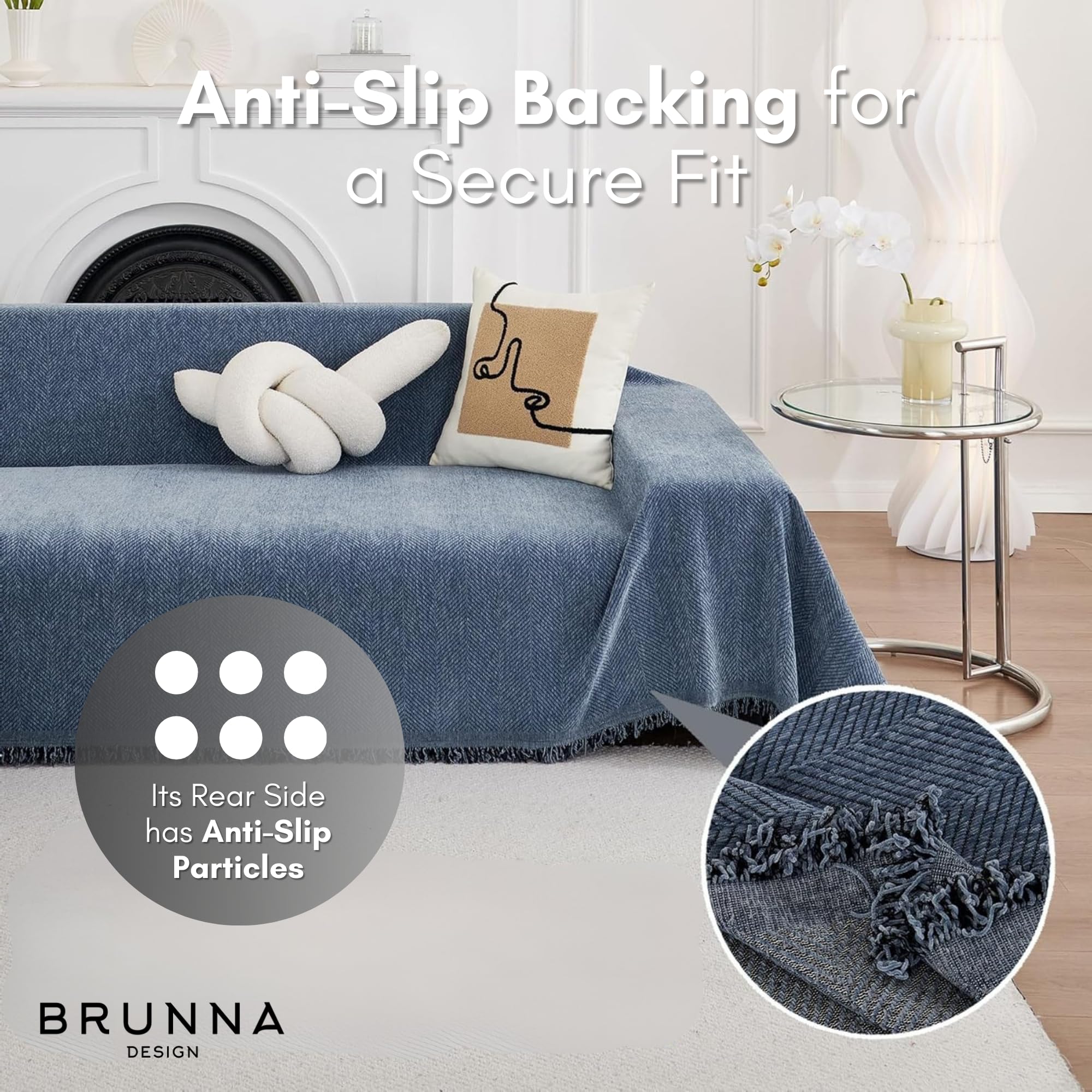 BRUNNA DESIGN easy-install couch cover demonstrates quick setup.