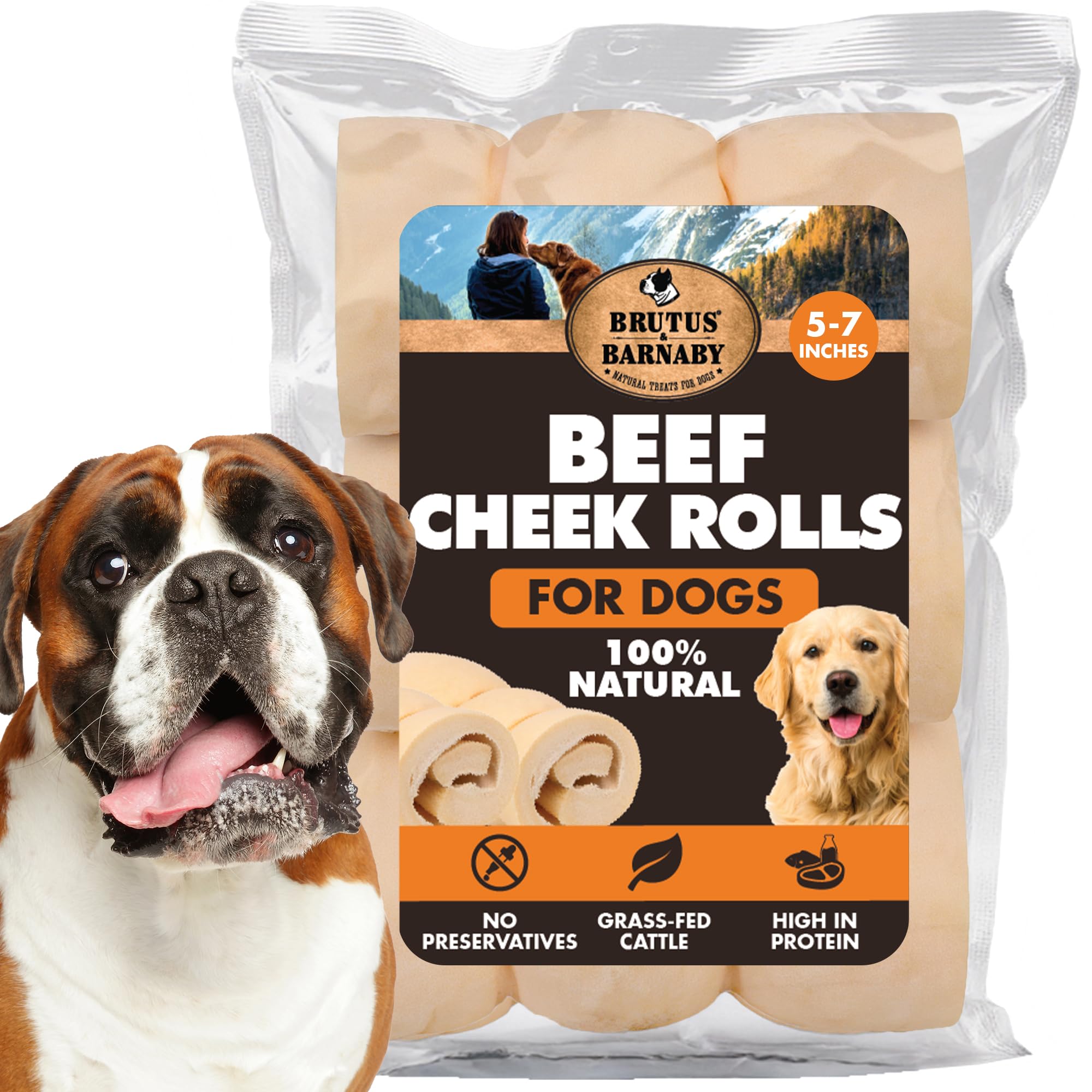 Brutus & Barnaby beef cheek rolls on a chew board; long-lasting for large dogs.