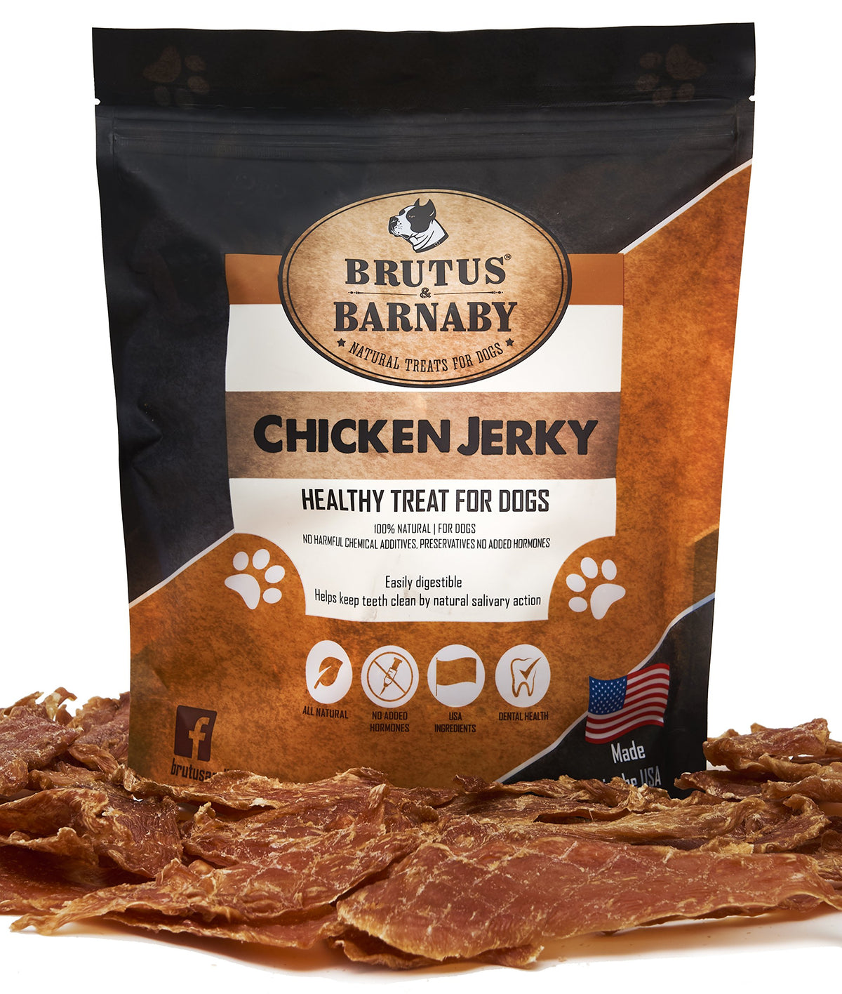 Brutus & Barnaby chicken jerky bag shows premium USA strips for rewarding dogs