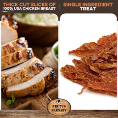 Brutus & Barnaby chicken jerky closeup showing textured slices ideal for training rewards