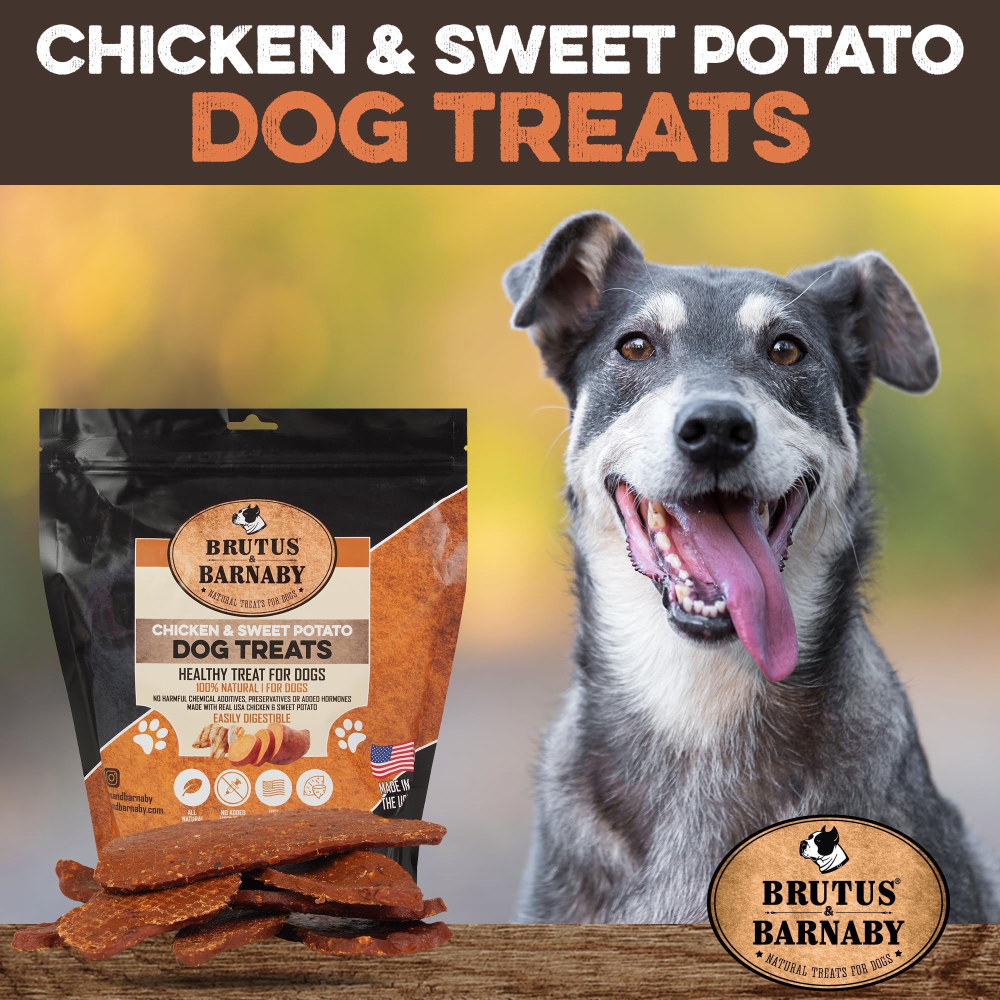 BRUTUS & BARNABY chicken-sweet-potato jerky closeup shows wholesome ingredients for dogs.