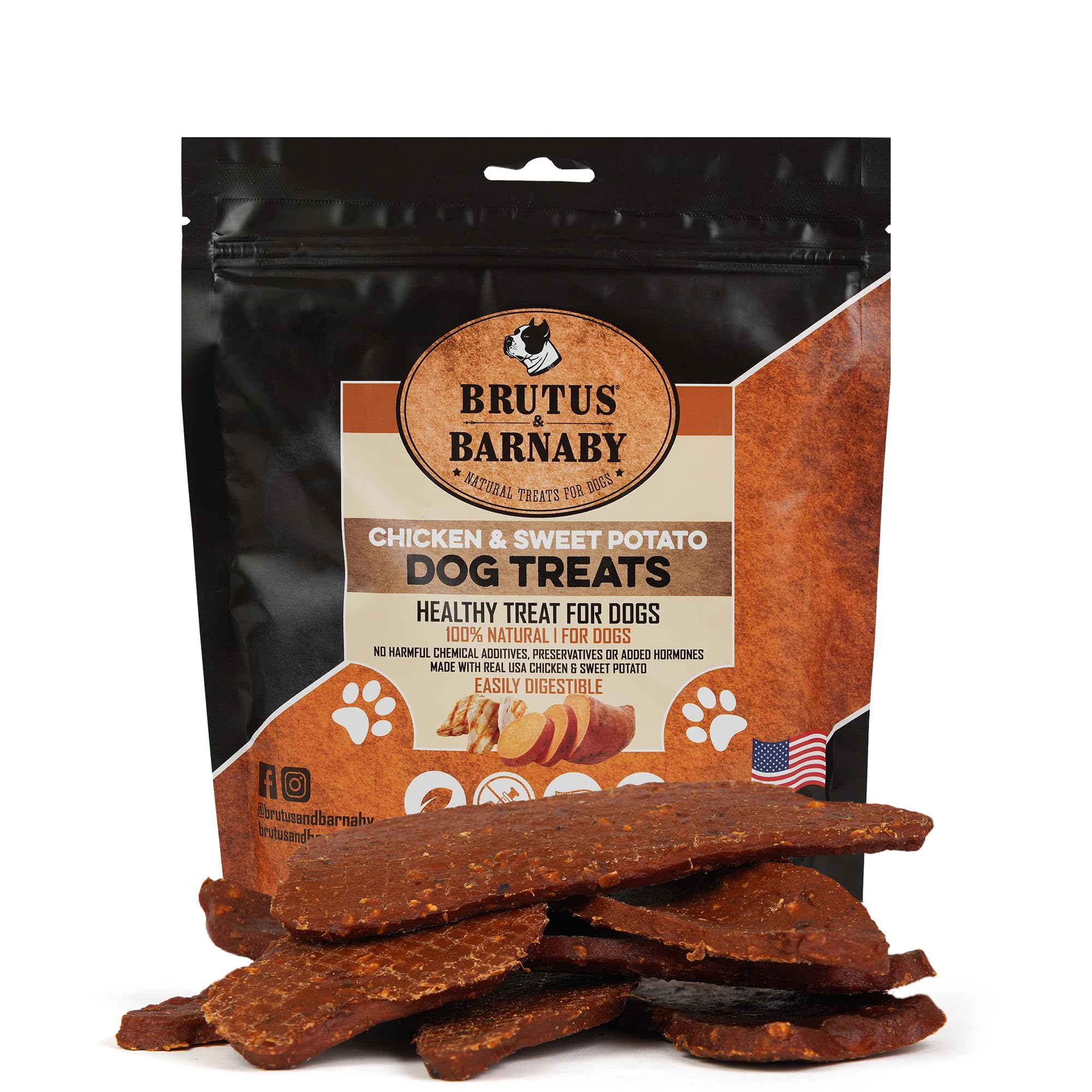 BRUTUS & BARNABY chicken-sweet-potato jerky pack highlights high-protein, grain-free dog treats.