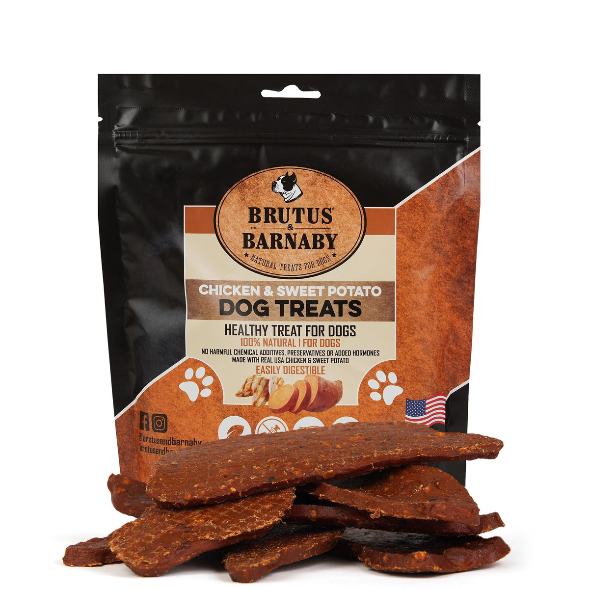 BRUTUS & BARNABY chicken-sweet-potato jerky pack highlights high-protein, grain-free dog treats.