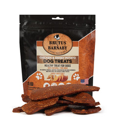 BRUTUS & BARNABY chicken-sweet-potato jerky pack highlights high-protein, grain-free dog treats.