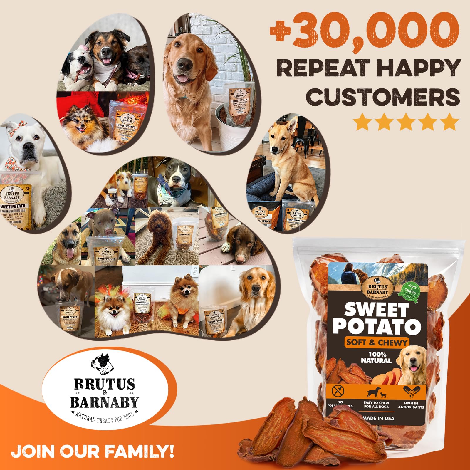 Brutus and Barnaby diet-friendly sweet potato treats for dogs on special diets.