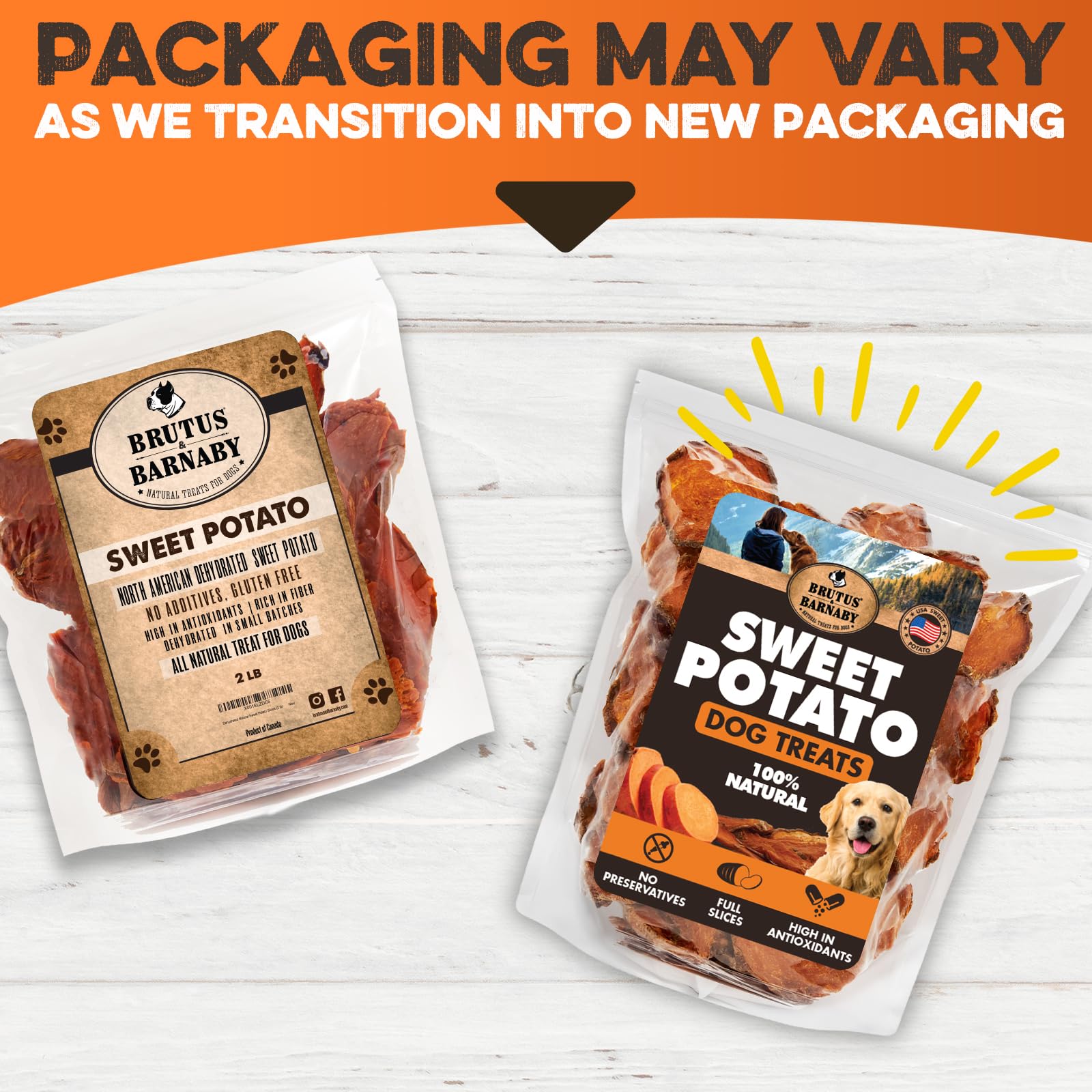 BRUTUS & BARNABY one-ingredient sweet potato treat designed for sensitive dogs.