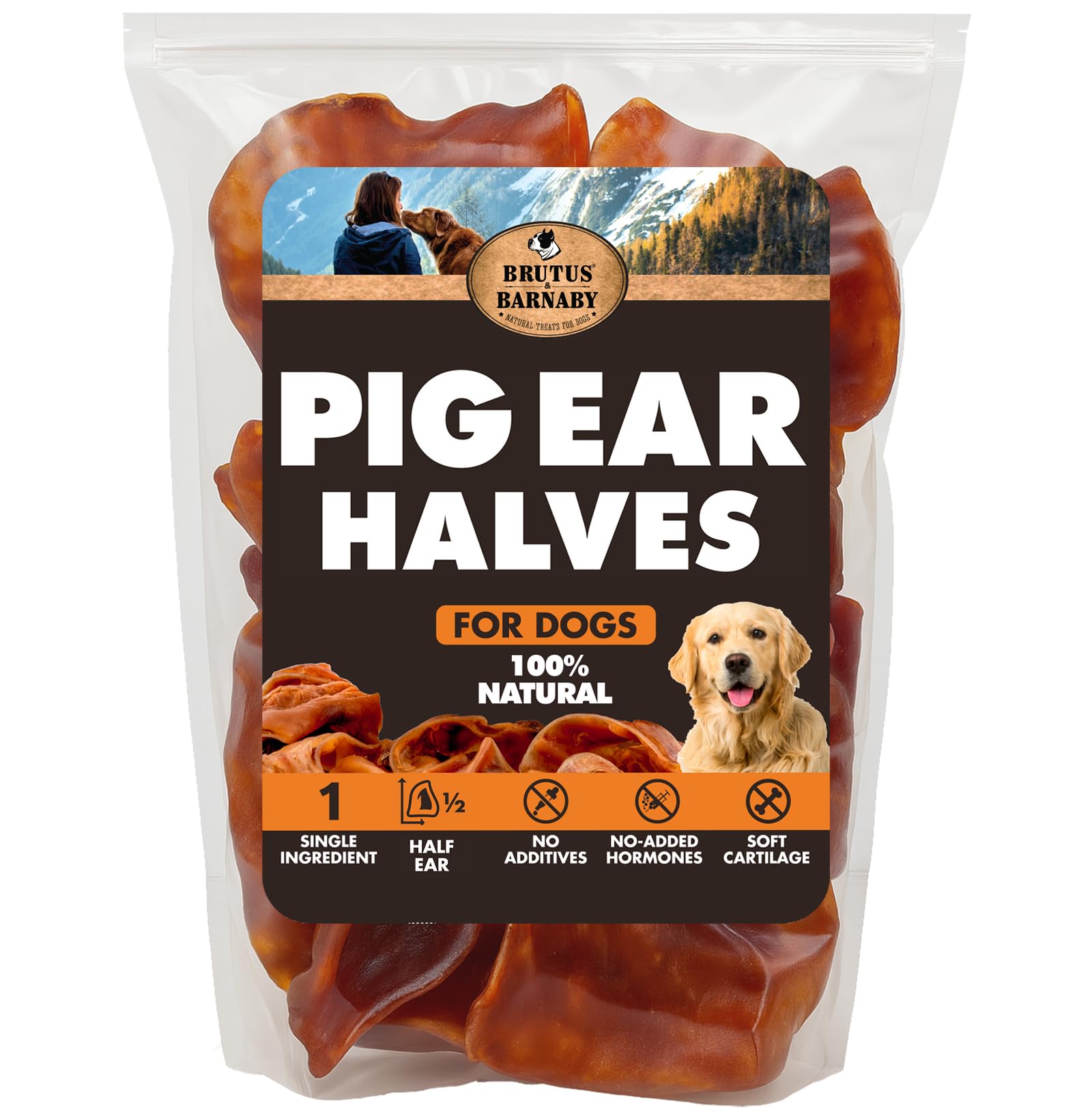 BRUTUS & BARNABY pig ear halves packaging highlights value and single-ingredient care.