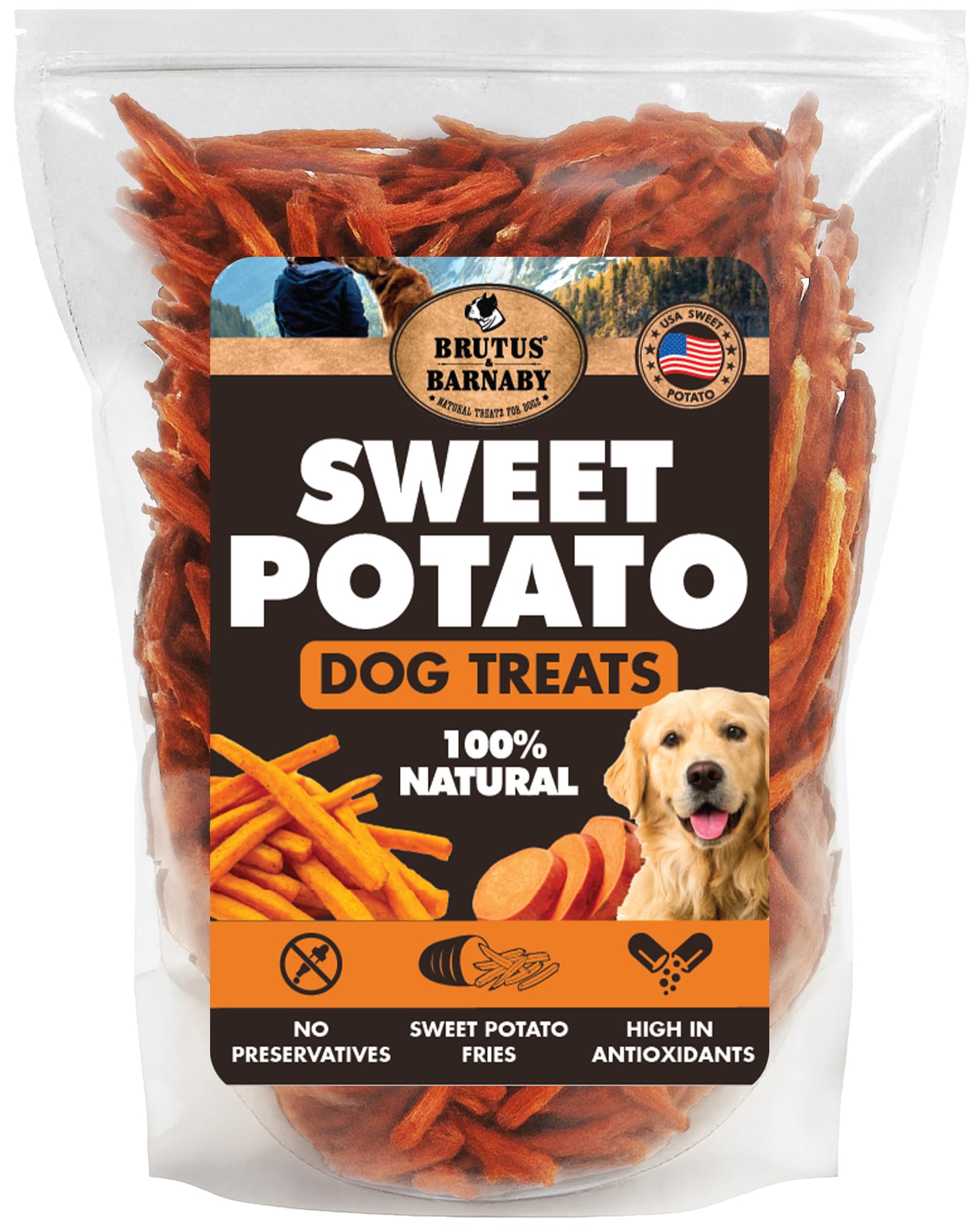 BRUTUS & BARNABY sweet potato fries packaging highlights grain-free formula.