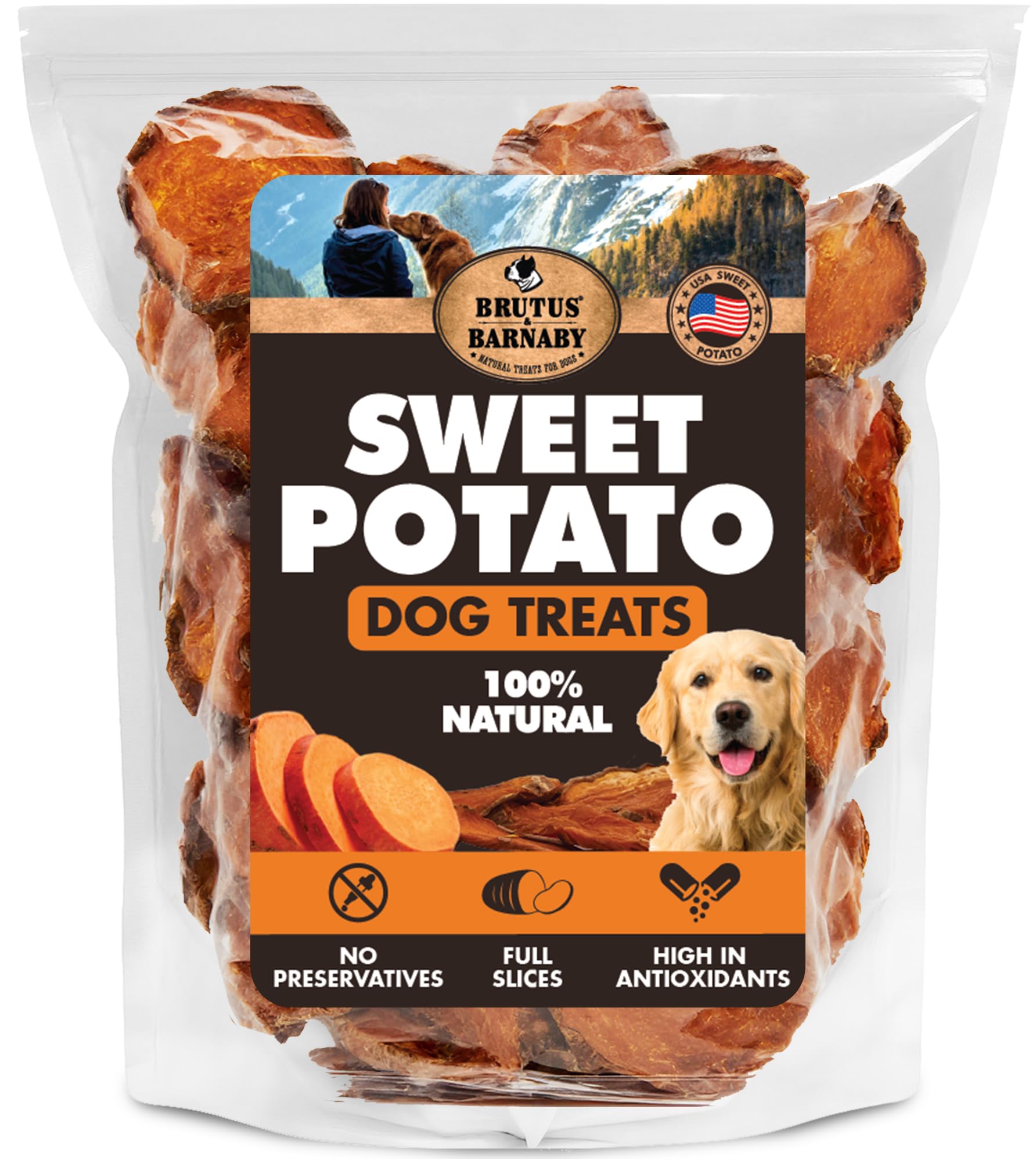 BRUTUS & BARNABY sweet potato treats packaging highlights clean, single-ingredient nutrition for sensitive stomachs.