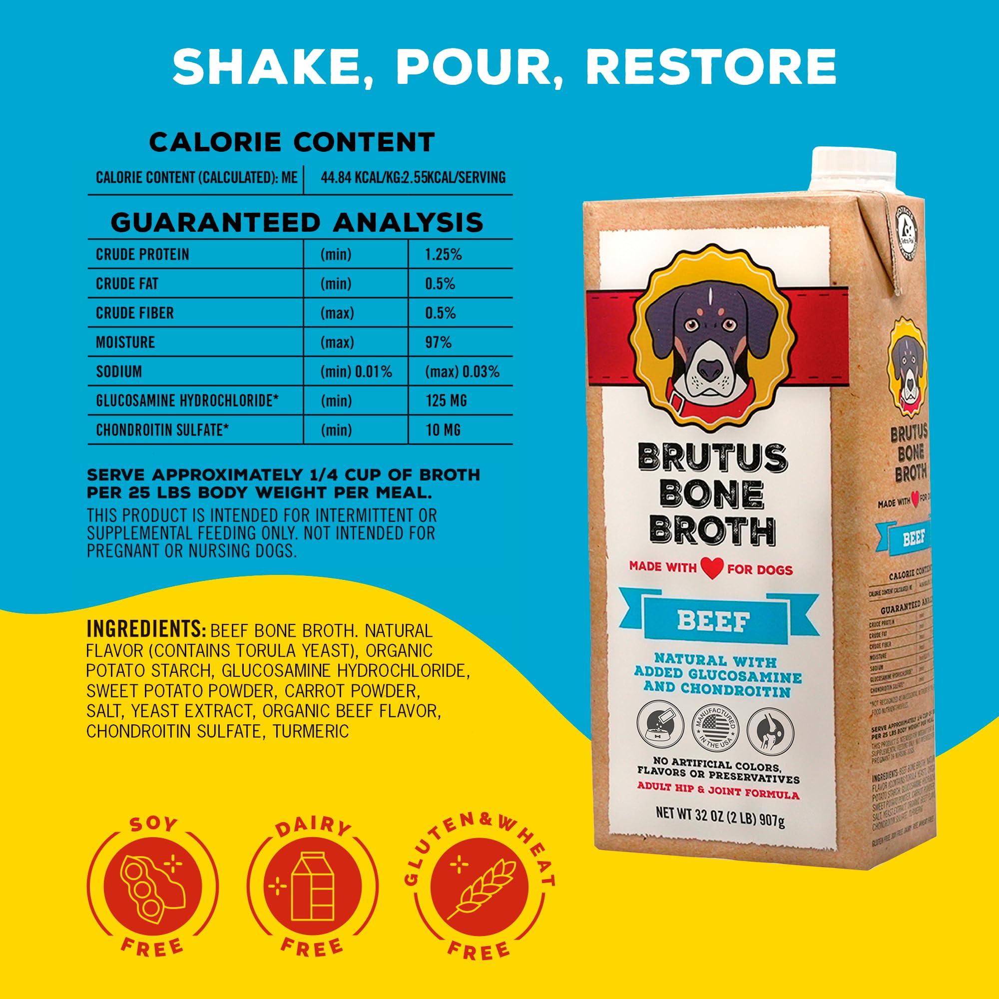 Brutus Beef Bone Broth kibble mix improves flavor when added to meals.