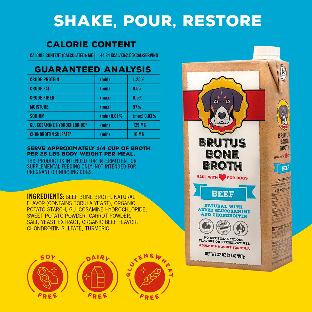 Brutus Beef Bone Broth kibble mix improves flavor when added to meals.