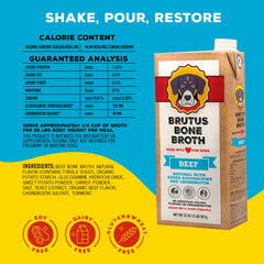 Brutus Beef Bone Broth kibble mix improves flavor when added to meals.