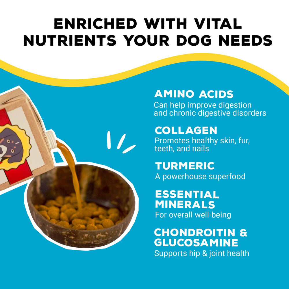 Dog enjoys Brutus Bone Broth topper at mealtime