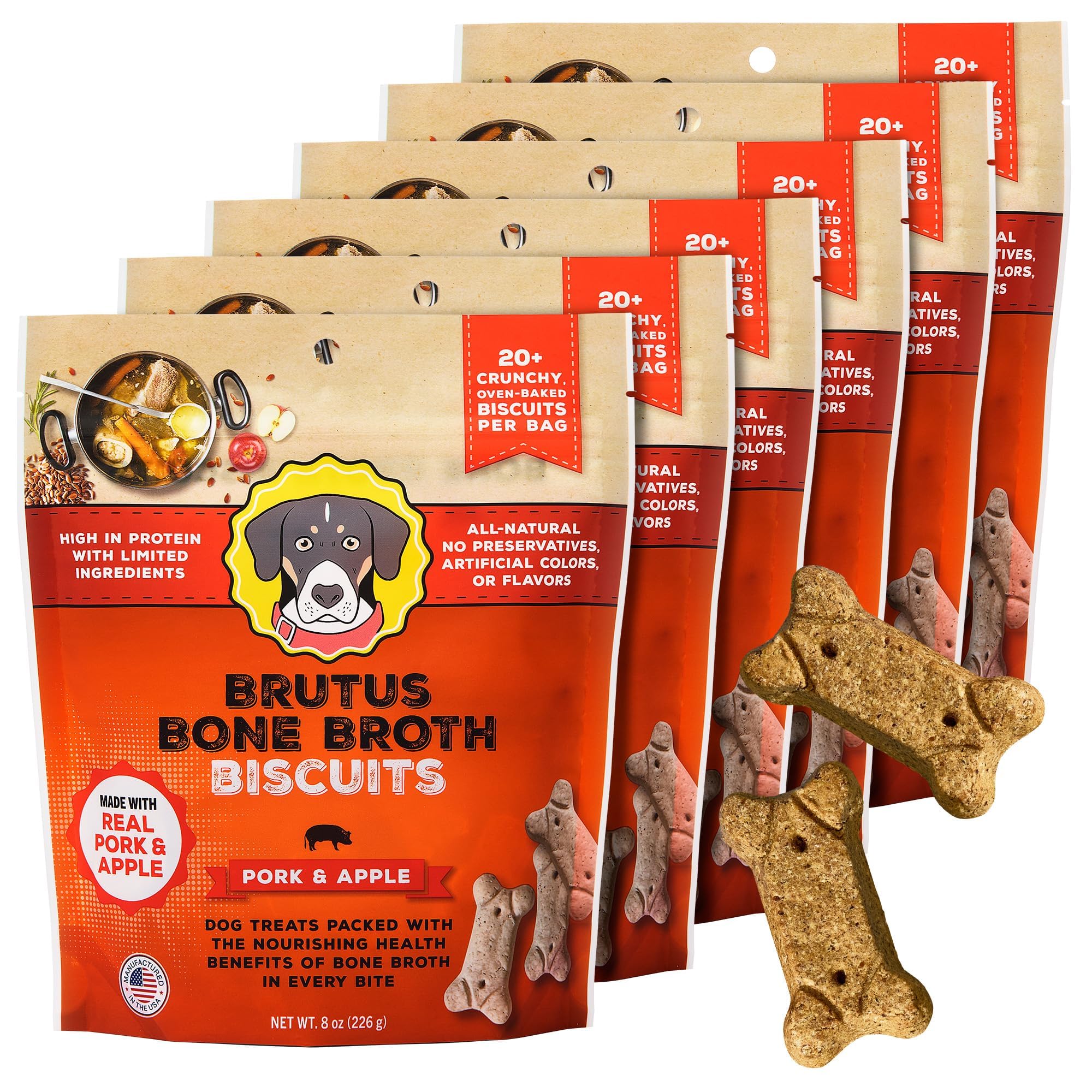 Brutus Bone Broth Biscuits cerdo y manzana, empaque frontal; snack sabroso para perros.