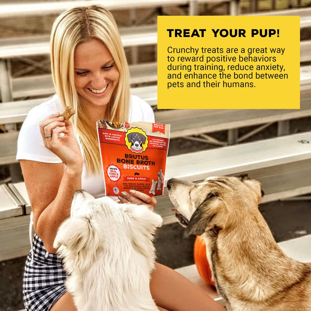 Brutus Bone Broth Biscuits cerdo y manzana, porciones fáciles; snack ligero para perros.