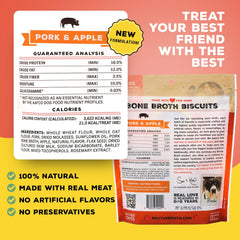 Brutus Bone Broth Biscuits cerdo y manzana, textura crujiente; ideal para entrenamiento.