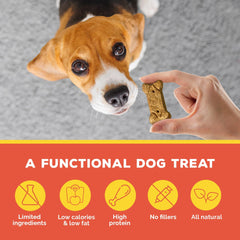 Brutus Bone Broth Biscuits cerdo y manzana, trozos visibles; complemento proteico para perros.