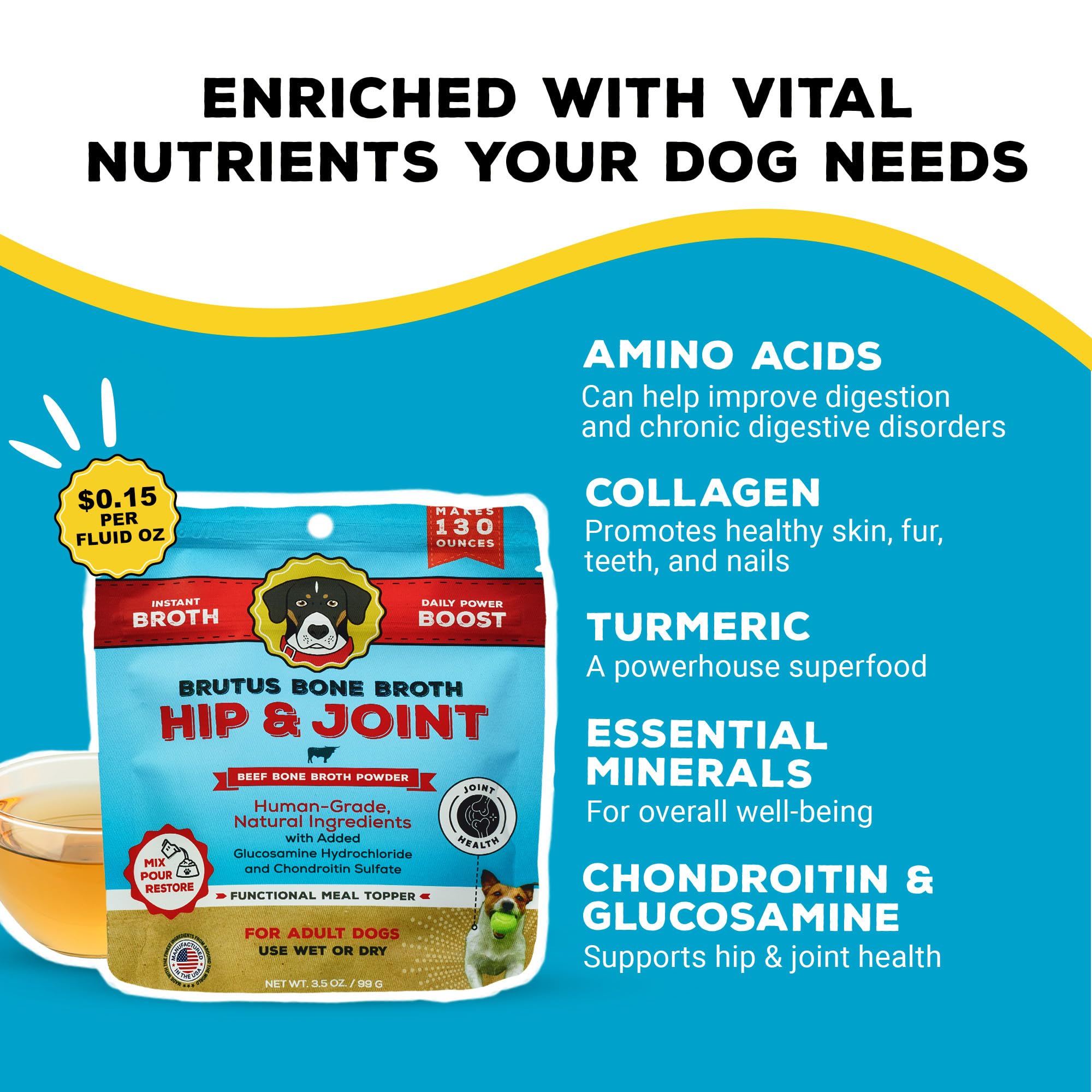 Brutus Bone Broth Powder label highlights human-grade ingredients.