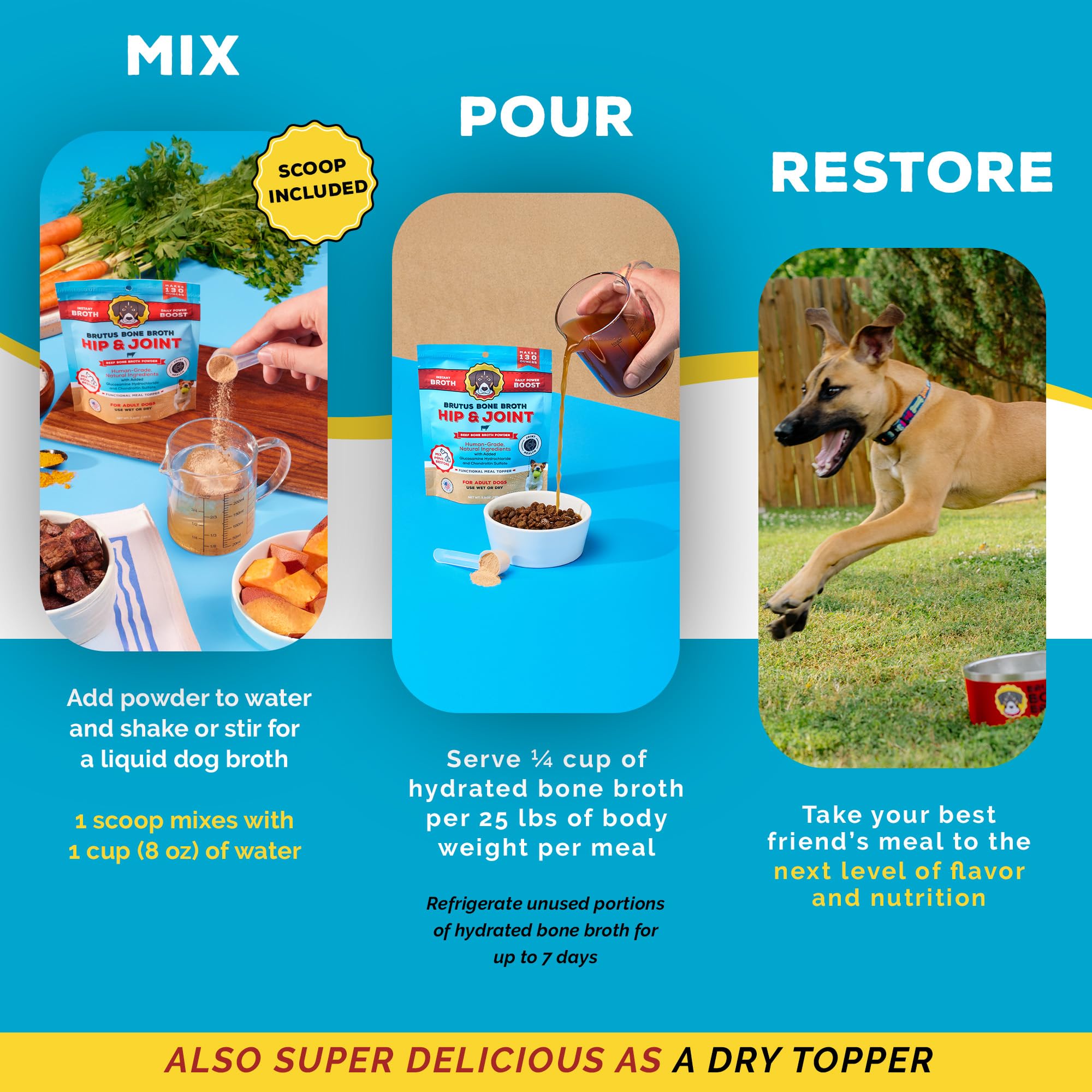 Brutus Bone Broth Powder in bowl showcasing savory beef flavor.