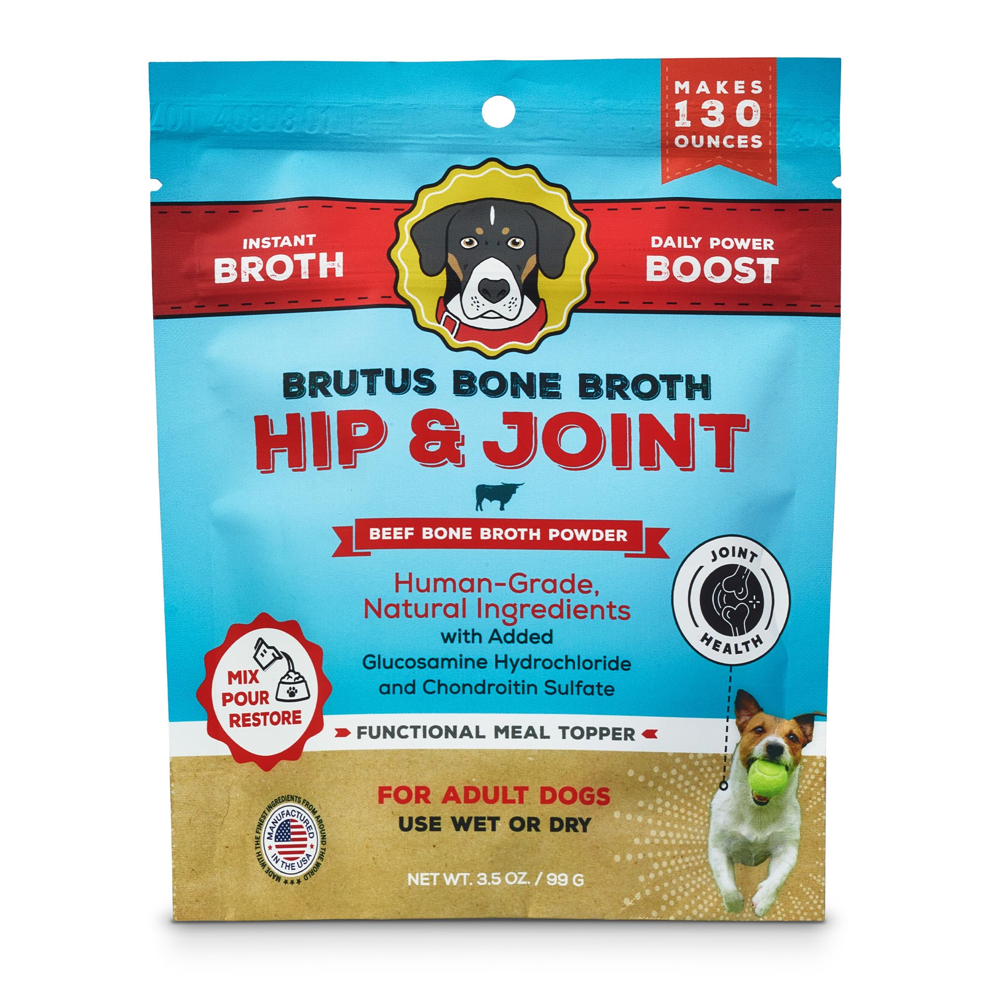 Brutus Bone Broth Powder packaging front shows natural ingredients for dogs.