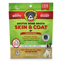 Brutus Broth dog topper salmon powder tub promotes hydration and flavor.